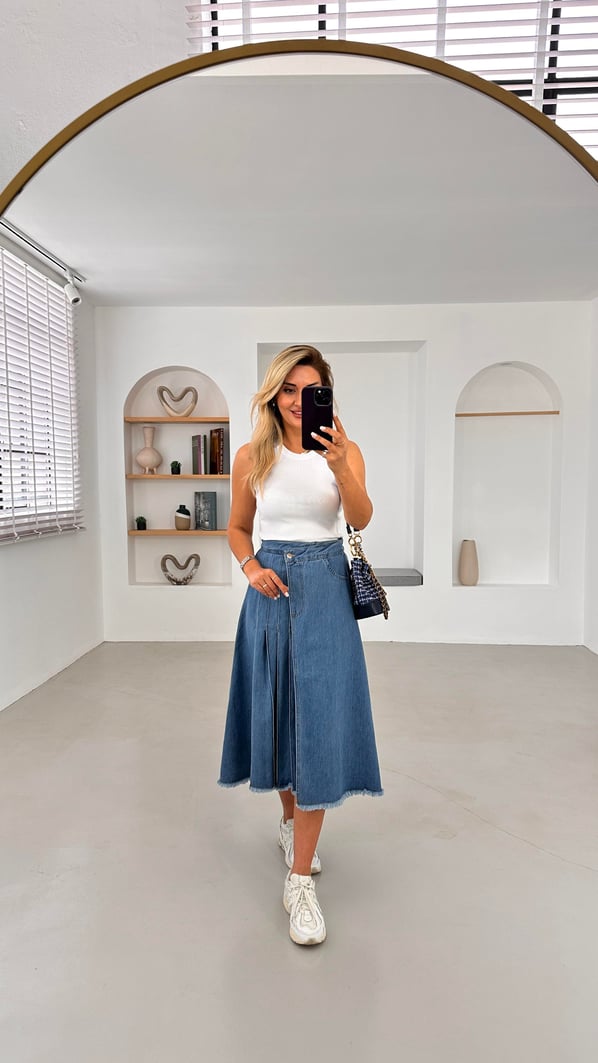Beli Lastikli Belden Ayarlamalı Çan Denim Etek