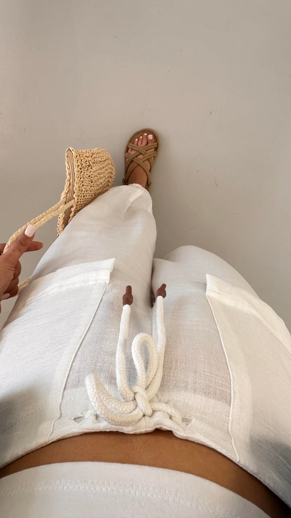 Beli Lastikli Beyaz Ham Keten Jogger Pantolon