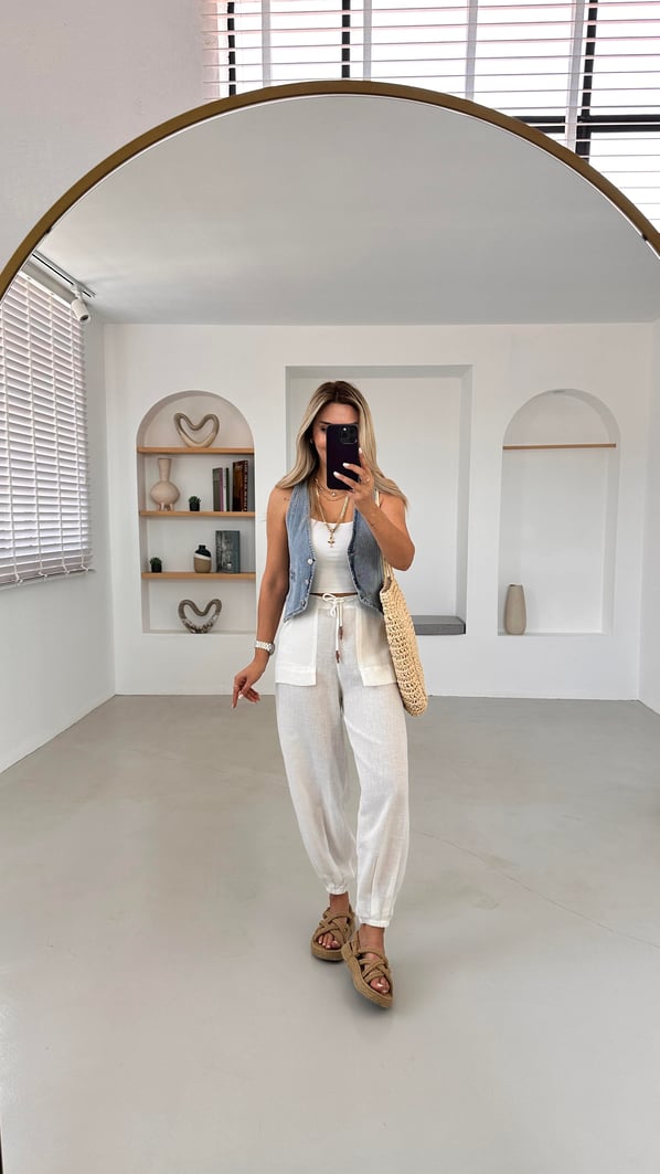 Beli Lastikli Beyaz Ham Keten Jogger Pantolon