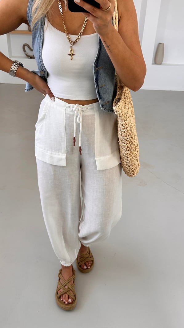 Beli Lastikli Beyaz Ham Keten Jogger Pantolon