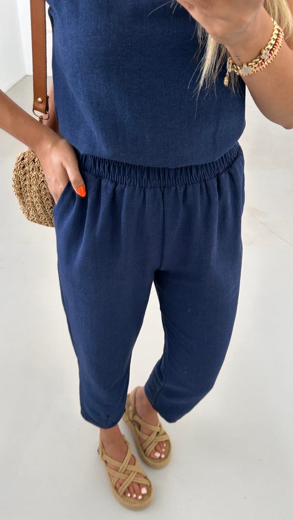 Beli Lastikli Lacivert Keten Slouchy Pantolon