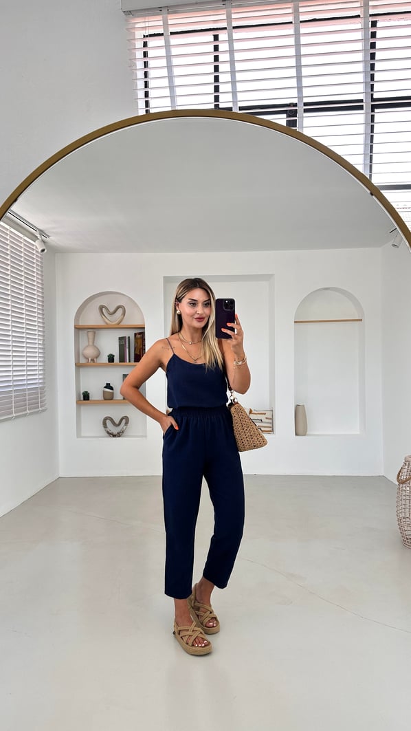 Beli Lastikli Lacivert Keten Slouchy Pantolon