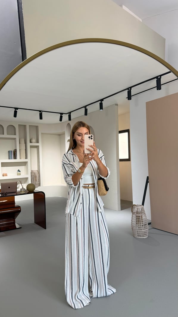 Beli Lastikli Marin Keten Palazzo Pantolon