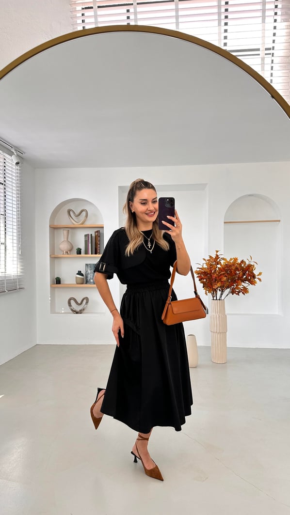 Beli Lastikli Midi Boy Siyah Poplin Etek