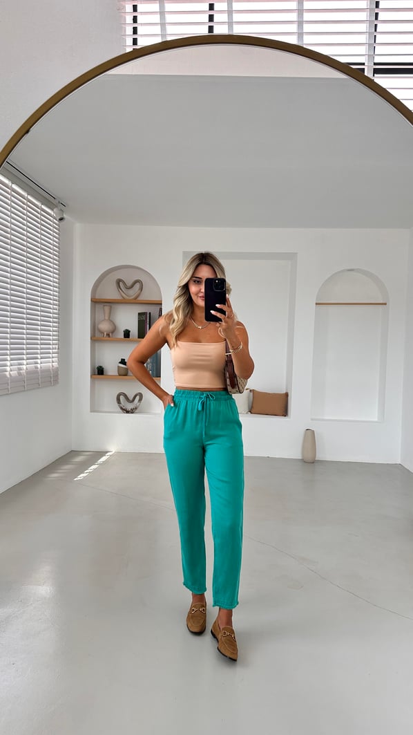 Beli Lastikli Paça Püskül Detay Pastel Yeşil Pantolon