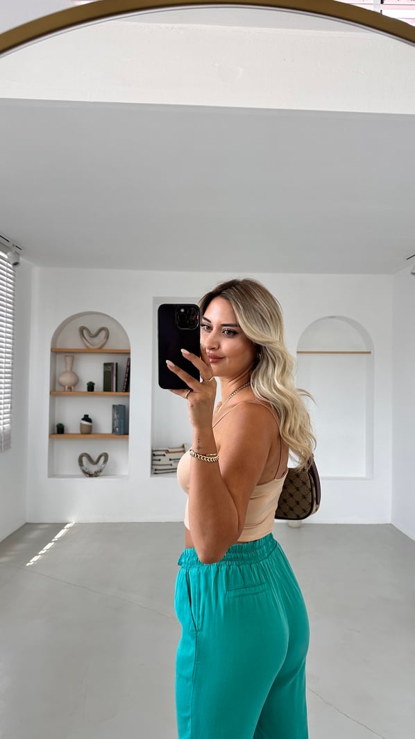Beli Lastikli Paça Püskül Detay Pastel Yeşil Pantolon