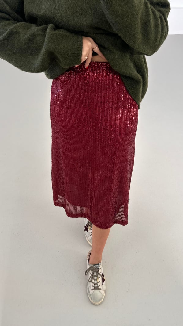 Beli lastikli Payetli Bordo Midi Çan Etek
