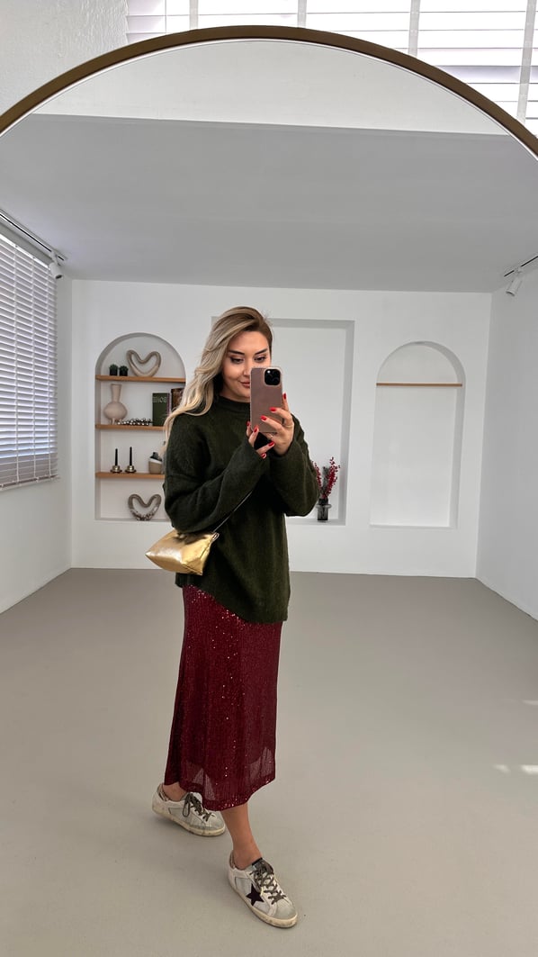 Beli lastikli Payetli Bordo Midi Çan Etek