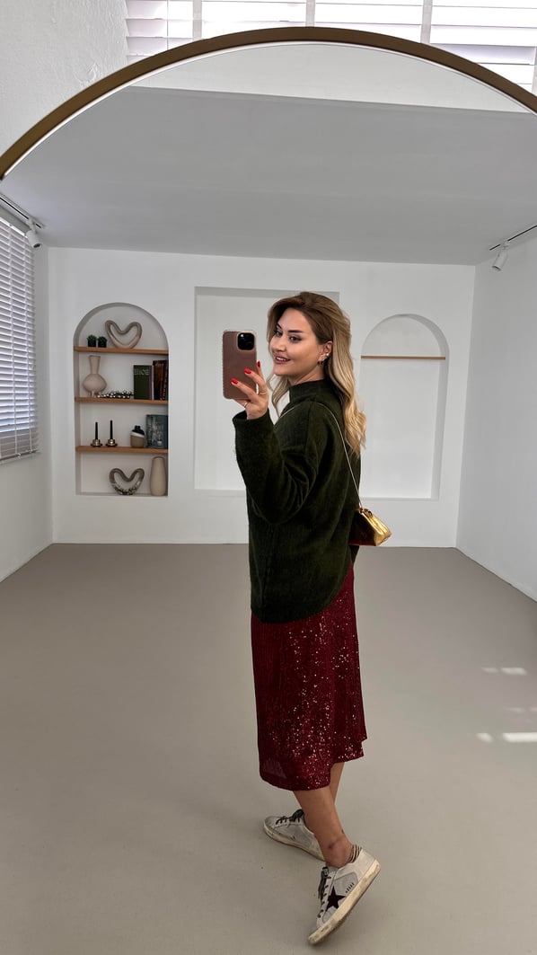 Beli lastikli Payetli Bordo Midi Çan Etek