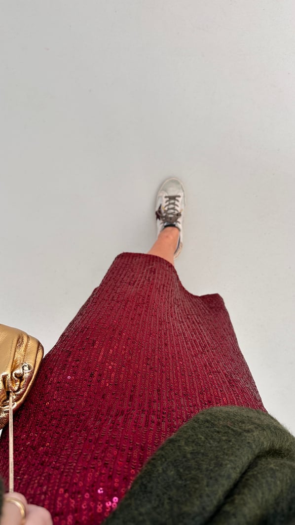 Beli lastikli Payetli Bordo Midi Çan Etek