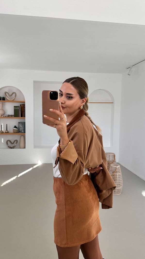 Beli Lastikli Taba Süet Mini Etek