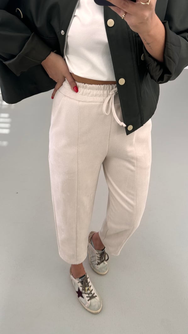 Beli Lastikli Taş Süet Slouchy Pantolon