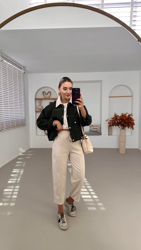 Beli Lastikli Taş Süet Slouchy Pantolon