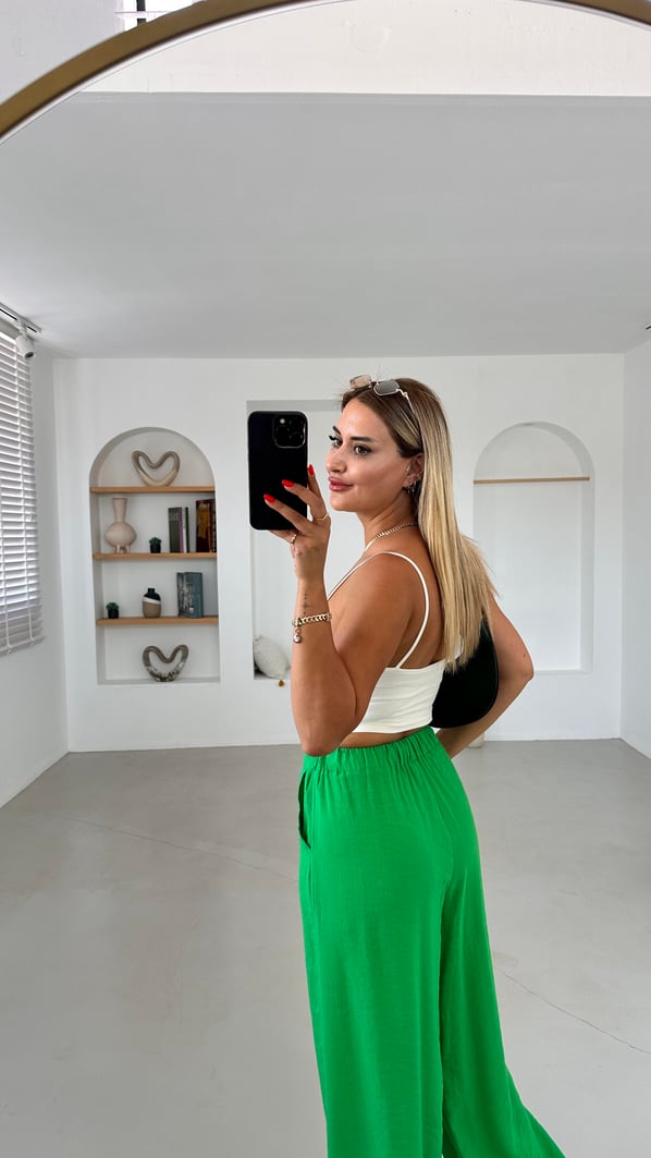 Beli Lastikli Yeşil Bol Tensel Pantolon