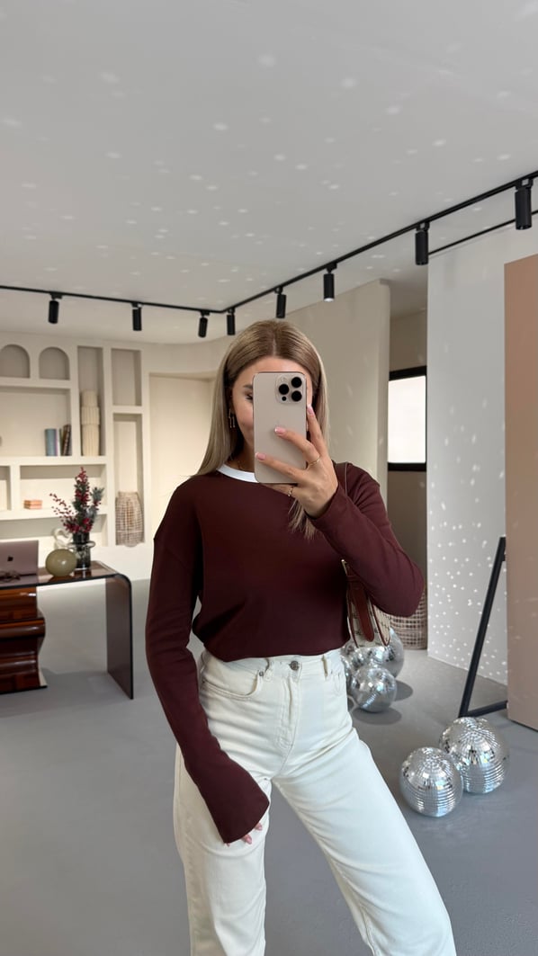 Biye Detay Kahve Uzun Kol Basic Sweat