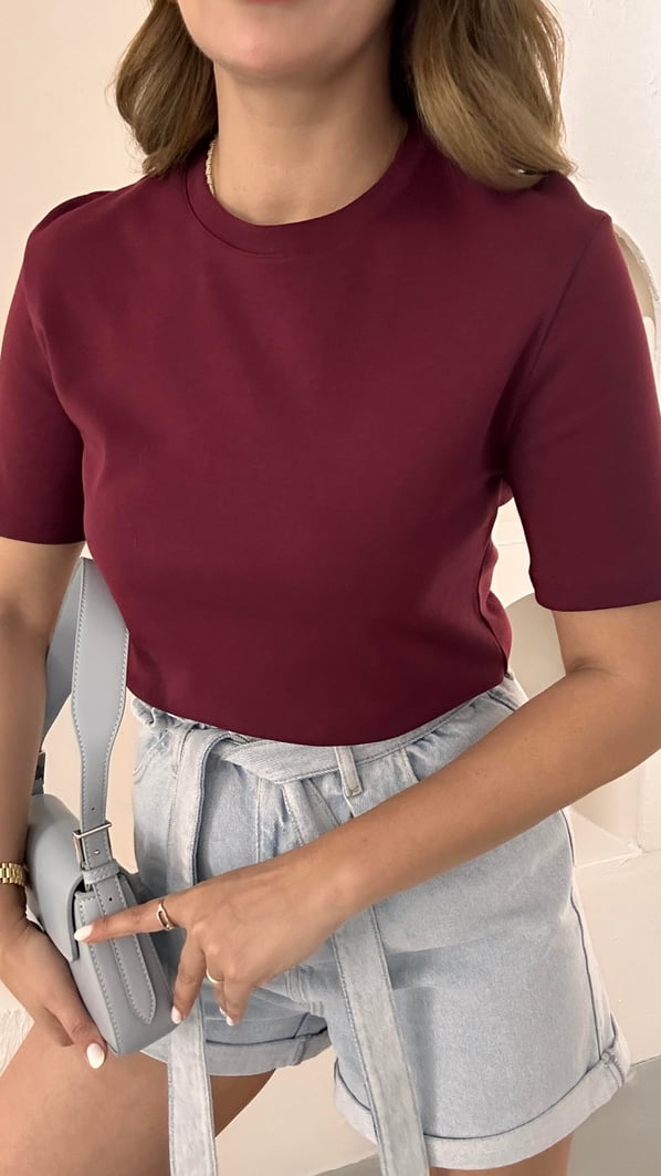 Bisiklet Yaka Pamuklu Bordo Basic Tshirt