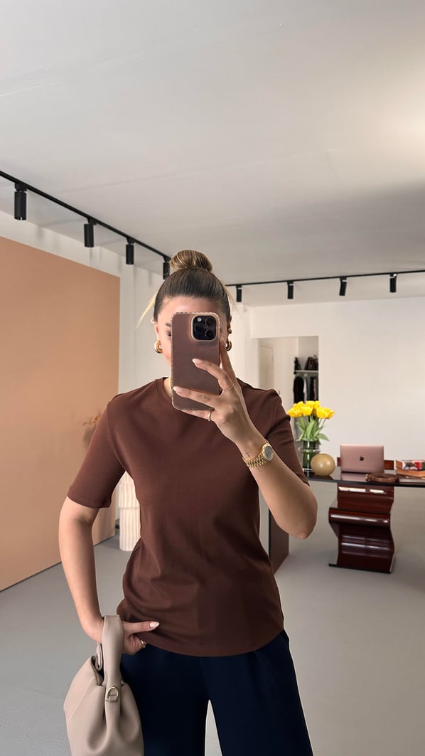 Bisiklet Yaka Pamuklu Kahve Basic Tshirt
