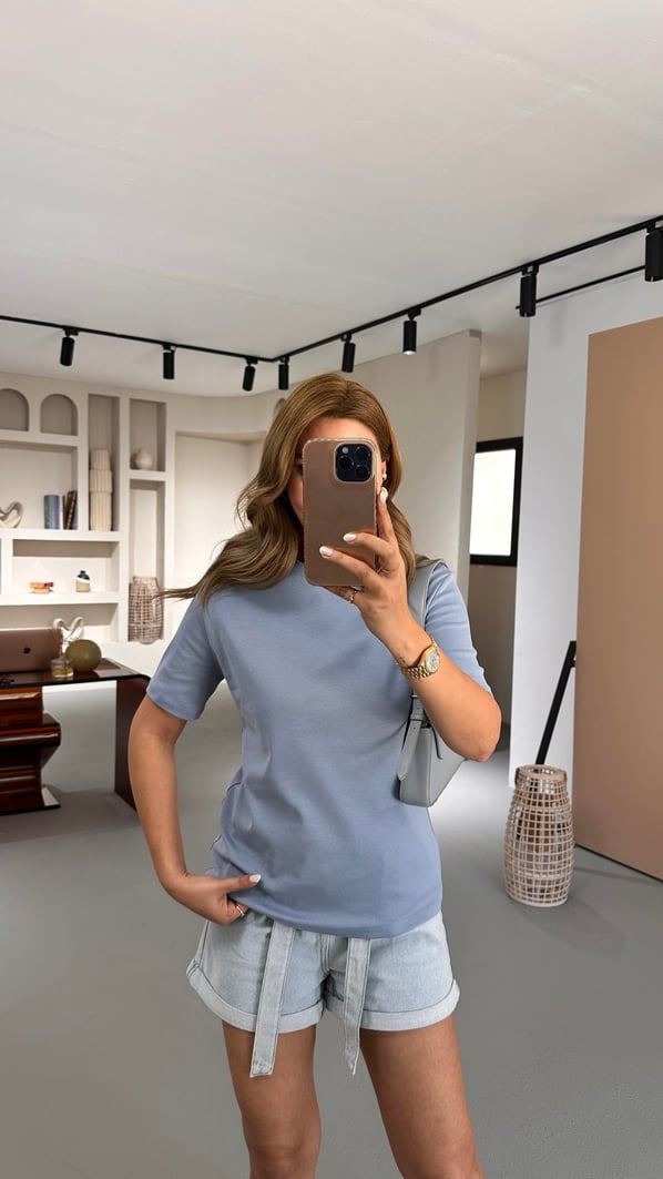 Bisiklet Yaka Pamuklu Pastel Mavi Basic Tshirt