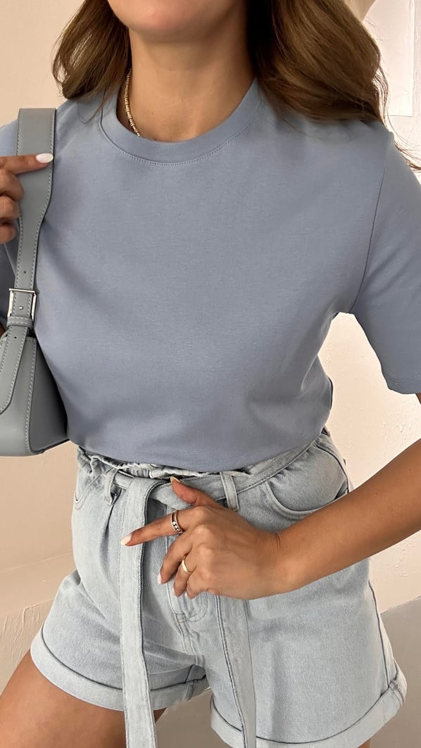 Bisiklet Yaka Pamuklu Pastel Mavi Basic Tshirt
