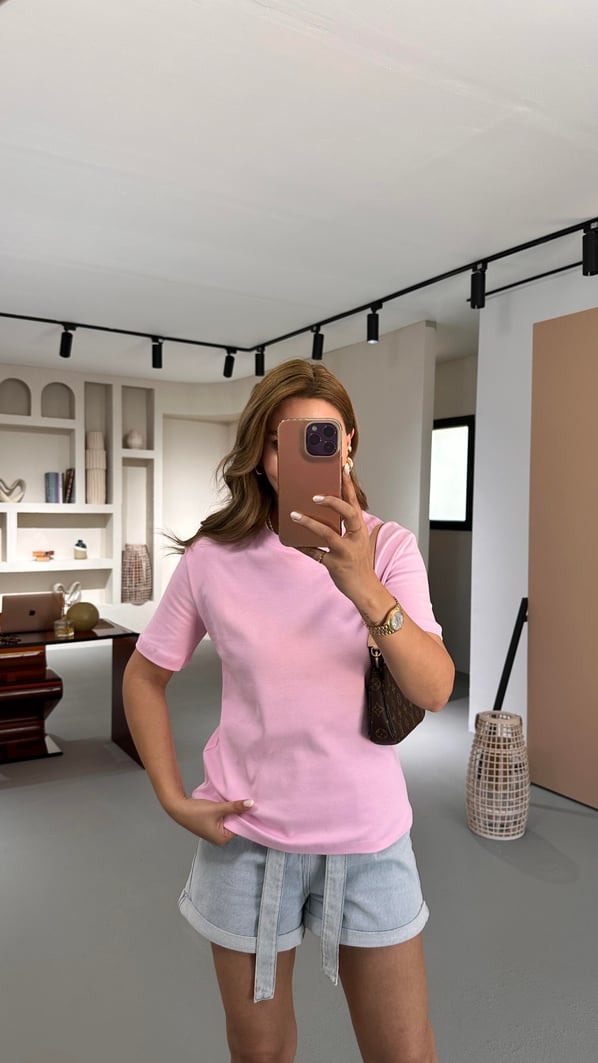 Bisiklet Yaka Pamuklu Pastel Pembe Basic Tshirt