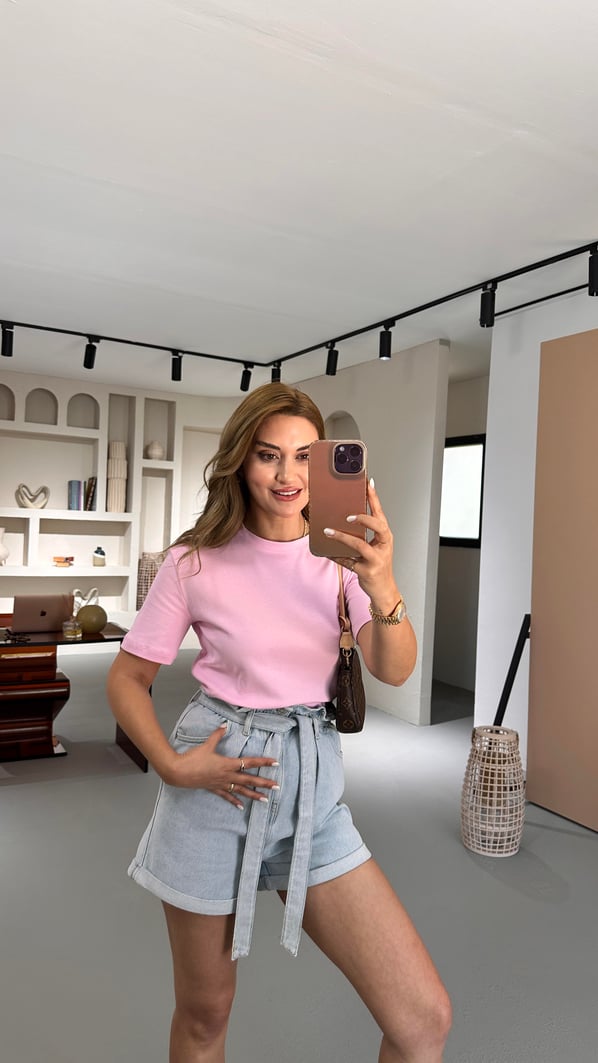 Bisiklet Yaka Pamuklu Pastel Pembe Basic Tshirt