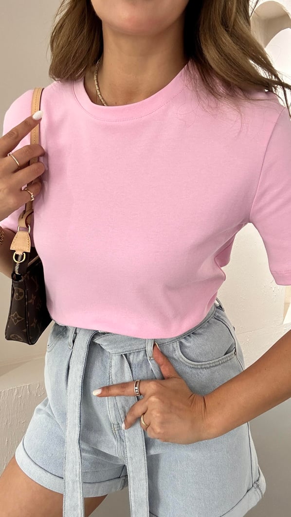 Bisiklet Yaka Pamuklu Pastel Pembe Basic Tshirt