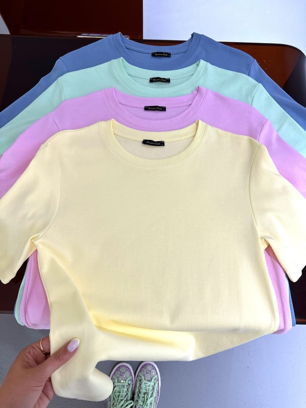 Bisiklet Yaka Pamuklu Pastel Sarı Basic Tshirt