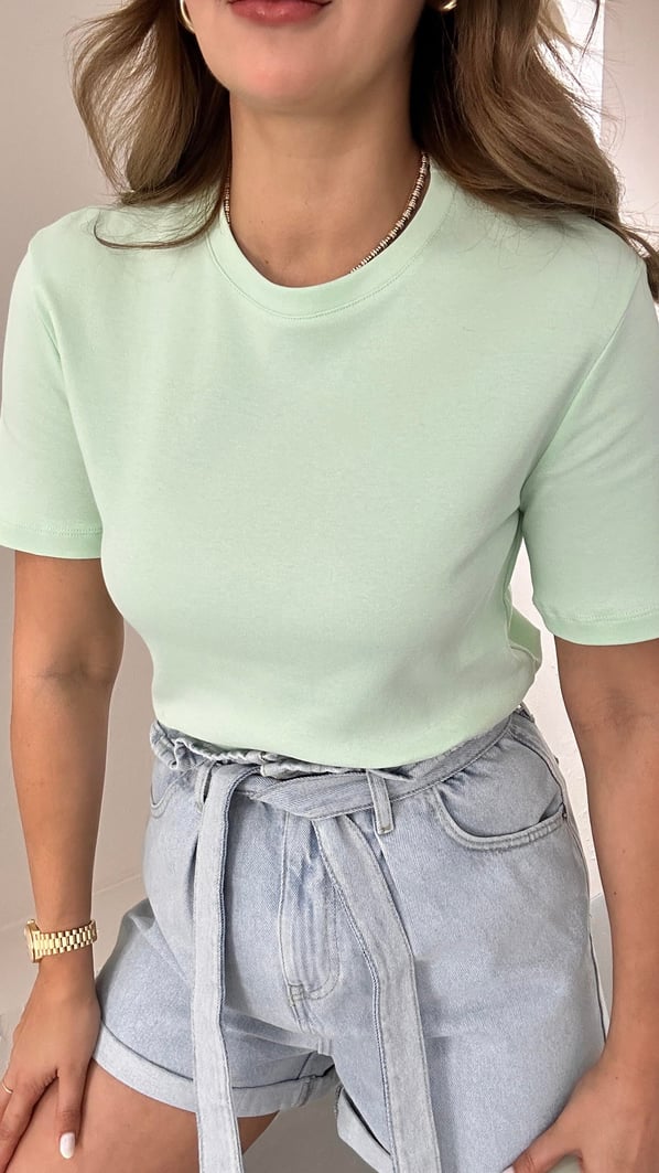 Bisiklet Yaka Pamuklu Pastel Yeşil Basic Tshirt