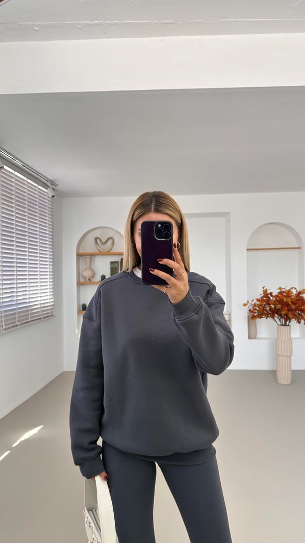 Bisiklet Yaka Şardonlu Antrasit Sweatshirt