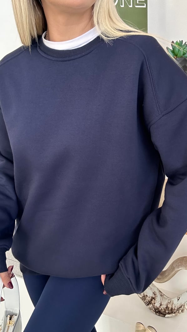 Bisiklet Yaka Şardonlu Lacivert Sweatshirt