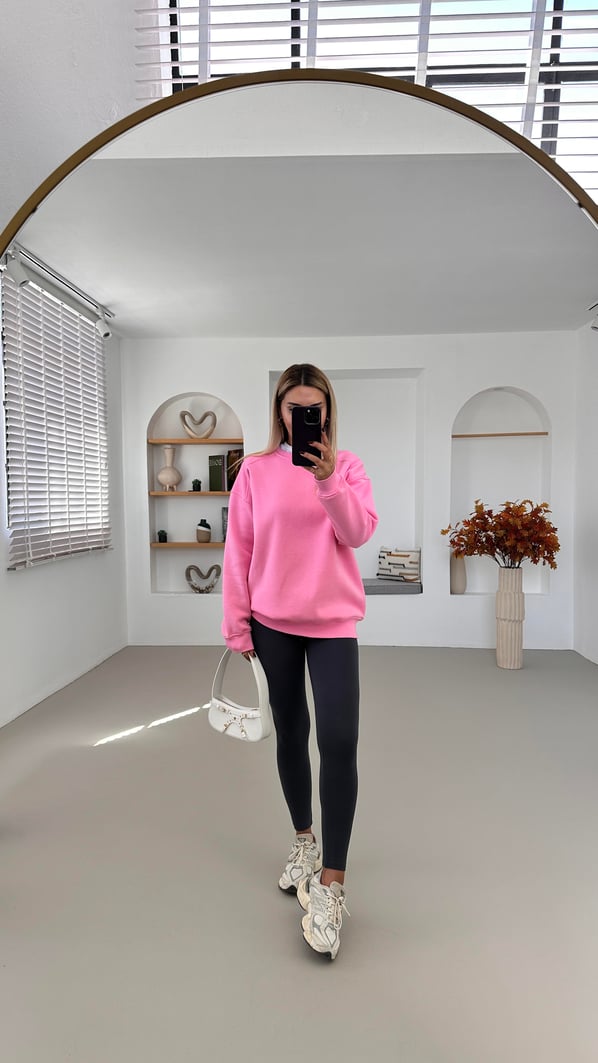 Bisiklet Yaka Şardonlu Pembe Sweatshirt