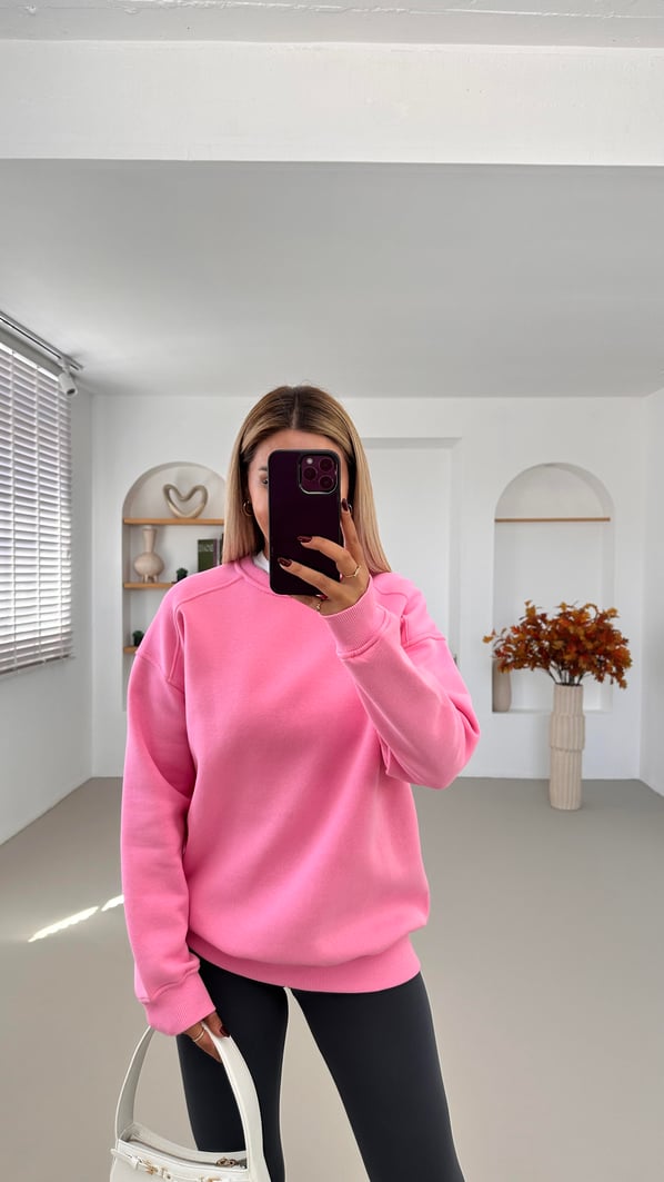 Bisiklet Yaka Şardonlu Pembe Sweatshirt