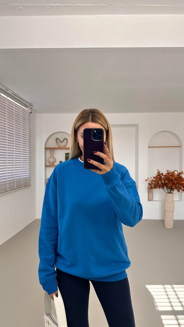 Bisiklet Yaka Şardonlu Saks Sweatshirt