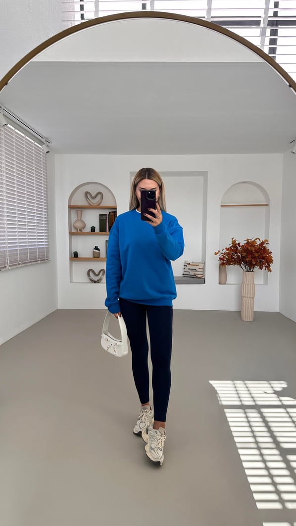 Bisiklet Yaka Şardonlu Saks Sweatshirt