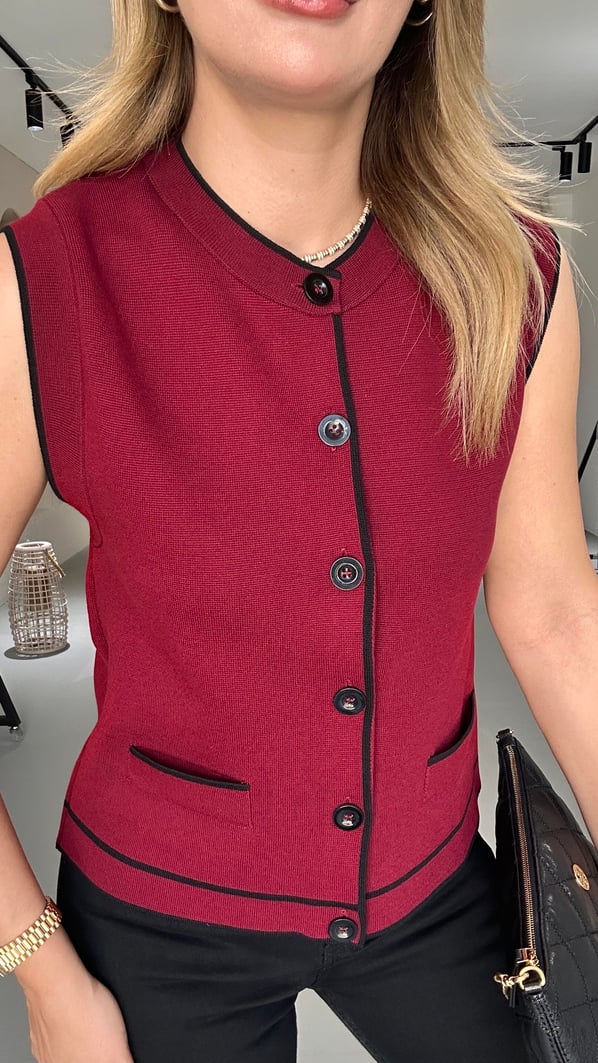 Bordo Biye Detay Triko Yelek