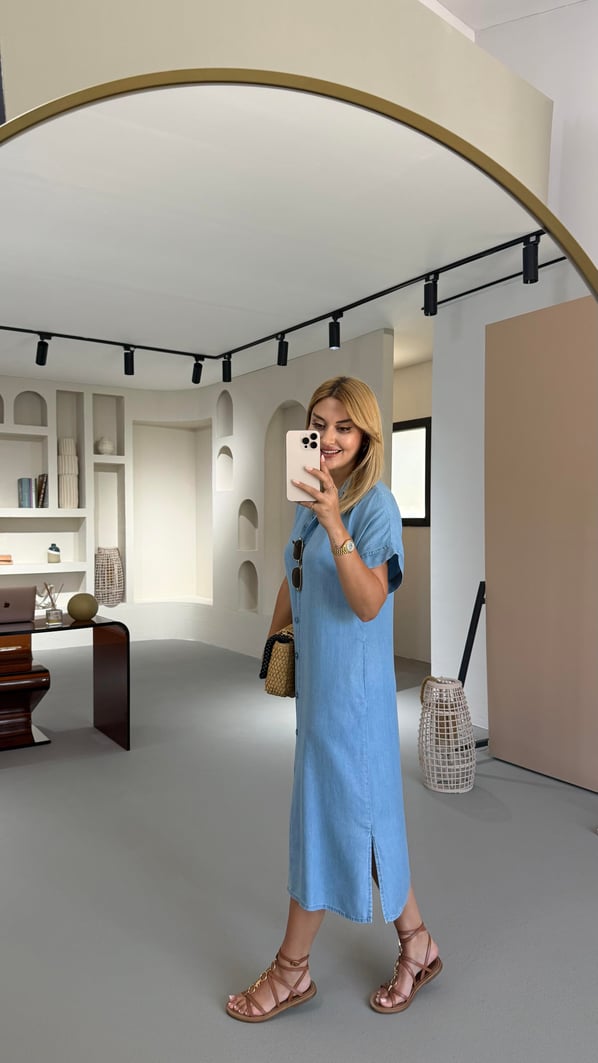 Boydan Düğmeli Buz Mavi Tensel Denim Gömlek Elbise