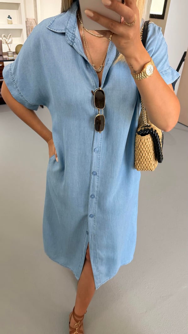 Boydan Düğmeli Buz Mavi Tensel Denim Gömlek Elbise