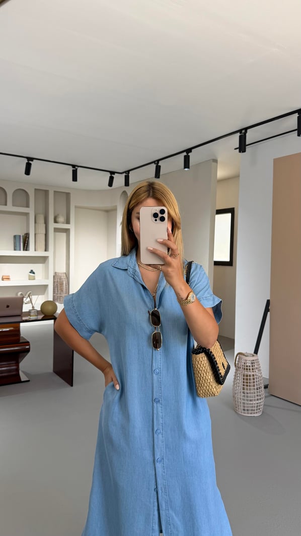 Boydan Düğmeli Buz Mavi Tensel Denim Gömlek Elbise