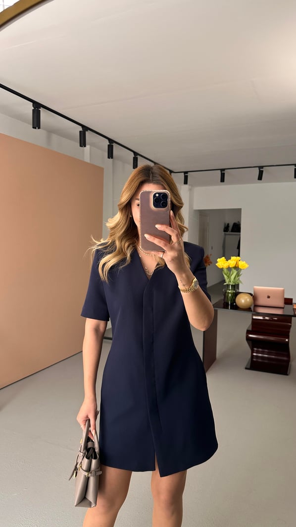 Boydan Düğmeli Kısa Kol Lacivert Elbise