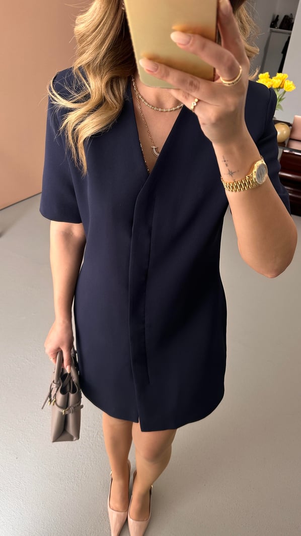 Boydan Düğmeli Kısa Kol Lacivert Elbise