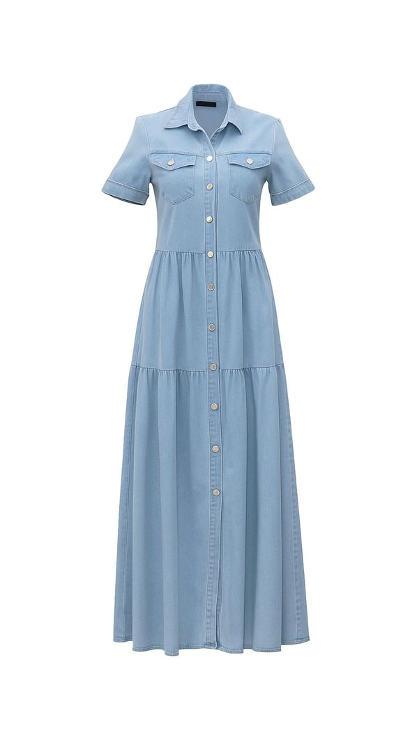 Boydan Düğmeli Kısa Kol Midi Buz Mavi Denim Elbise