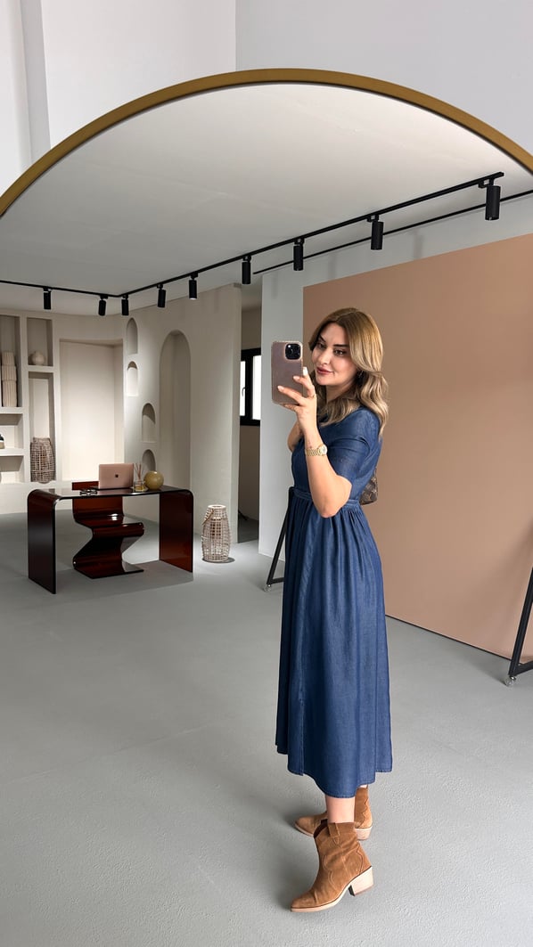 Boydan Düğmeli Kısa Kol Tensel Denim Elbise