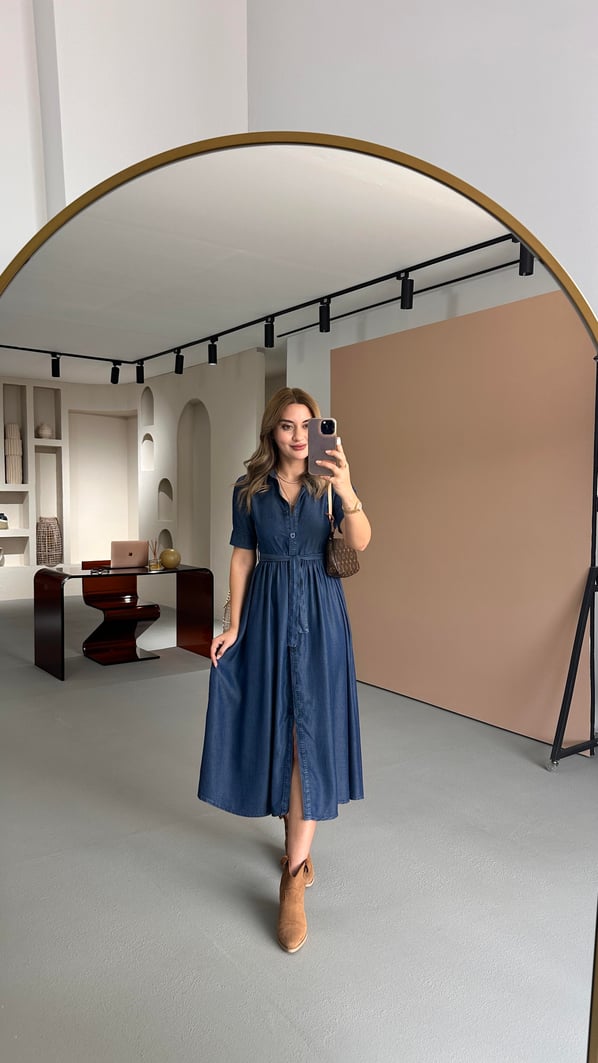 Boydan Düğmeli Kısa Kol Tensel Denim Elbise