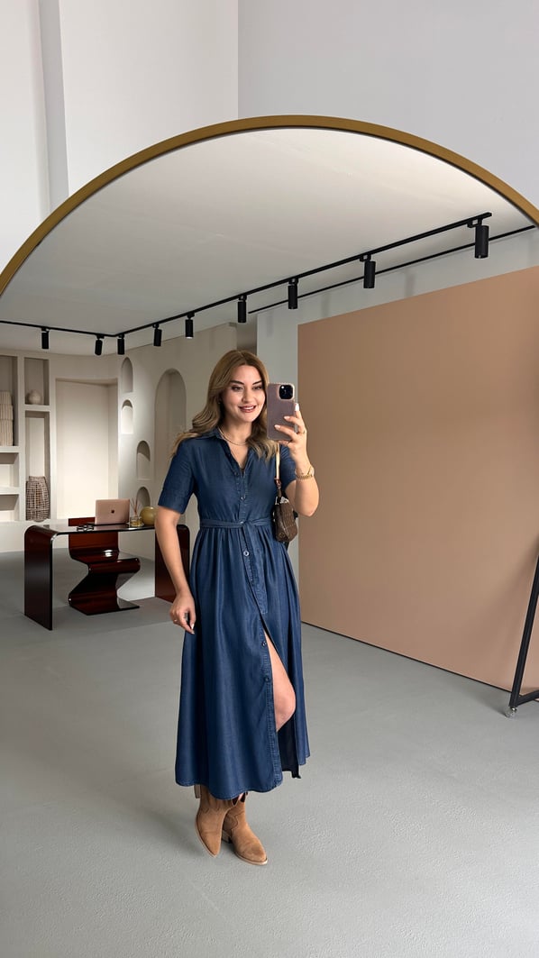 Boydan Düğmeli Kısa Kol Tensel Denim Elbise