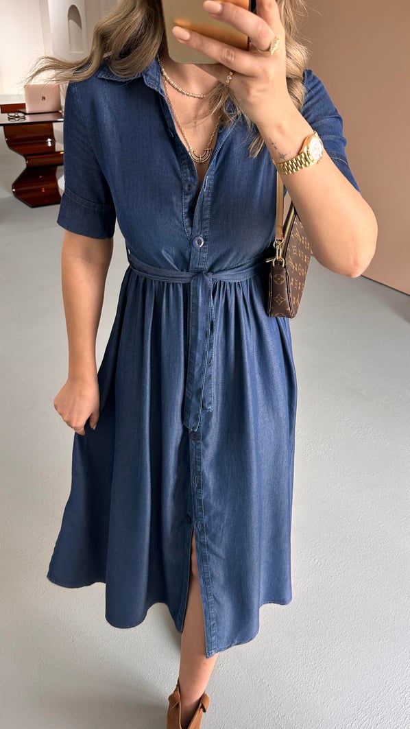 Boydan Düğmeli Kısa Kol Tensel Denim Elbise