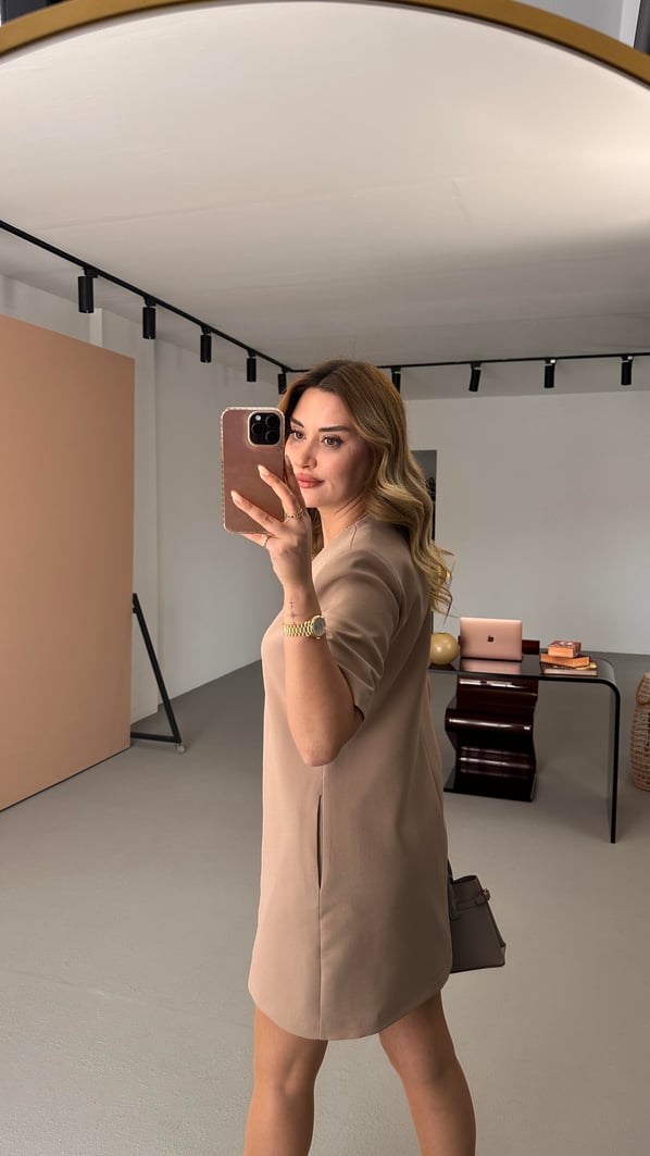 Boydan Düğmeli Kısa Kol Vizon Elbise