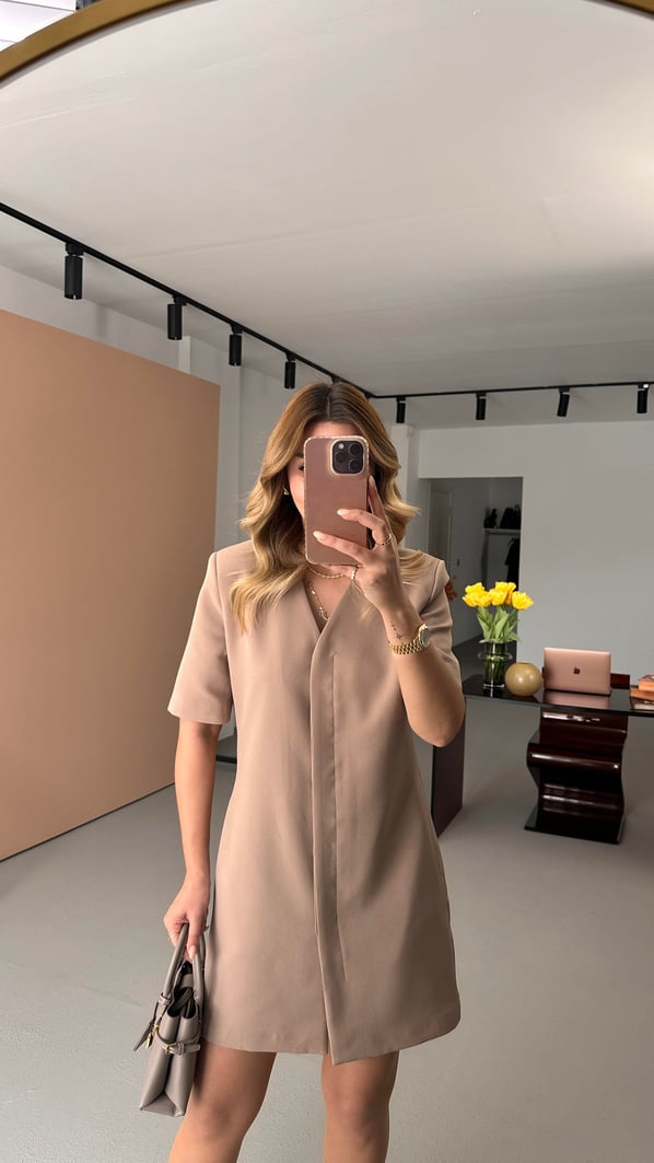 Boydan Düğmeli Kısa Kol Vizon Elbise