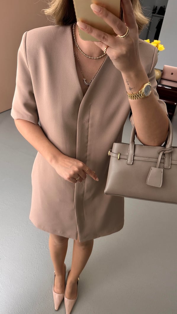 Boydan Düğmeli Kısa Kol Vizon Elbise