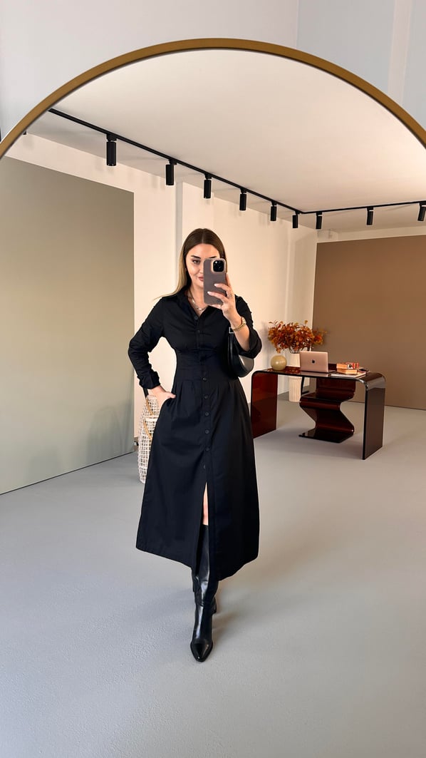 Boydan Düğmeli Siyah Midi Poplin Elbise