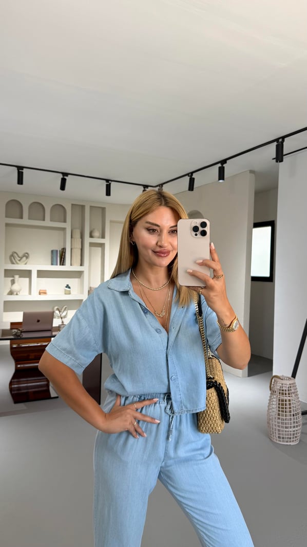 Buz Mavi Pantolon Gömlek Tensel Denim Takım